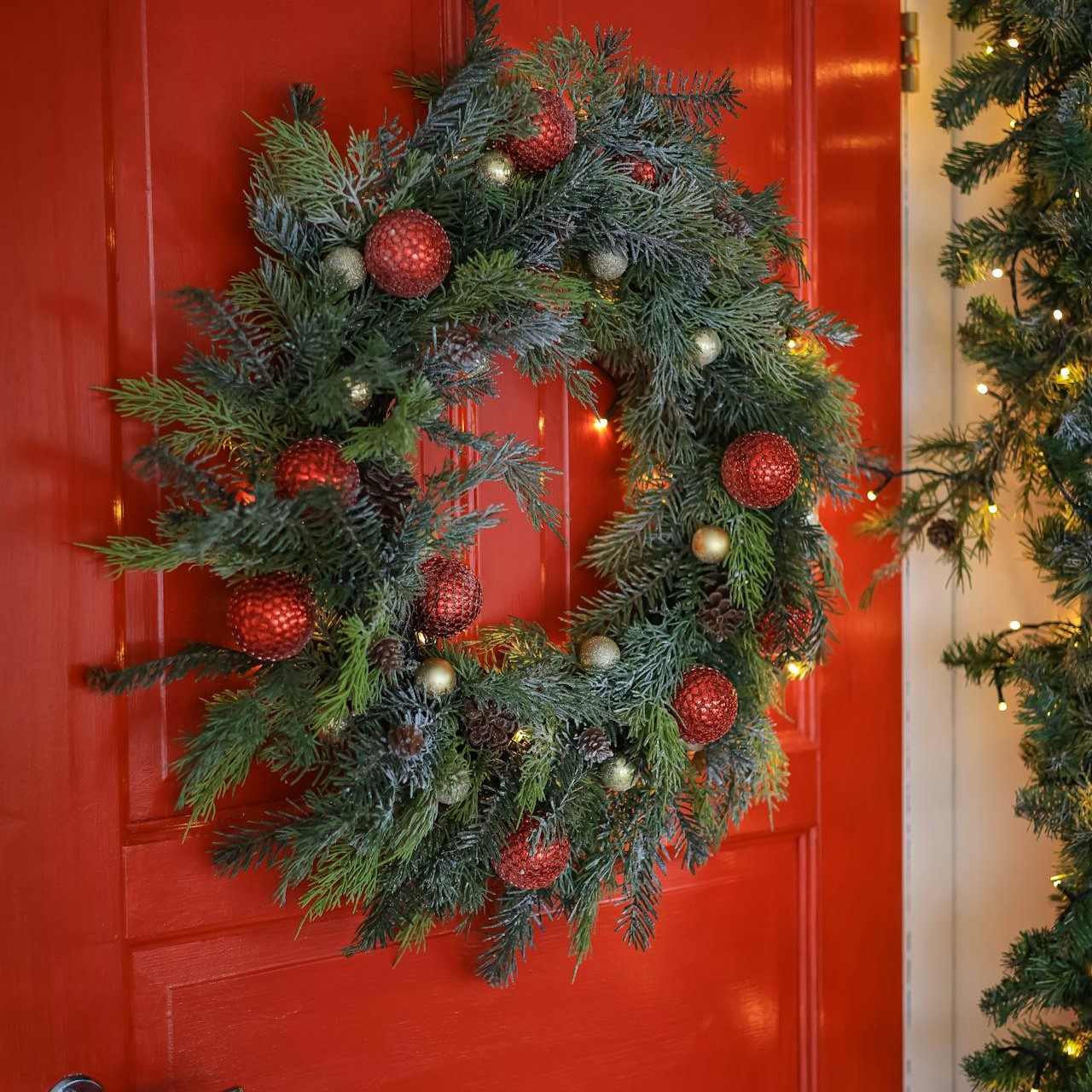 this image shows Christmas wreath hanging in Cameron Park, CA