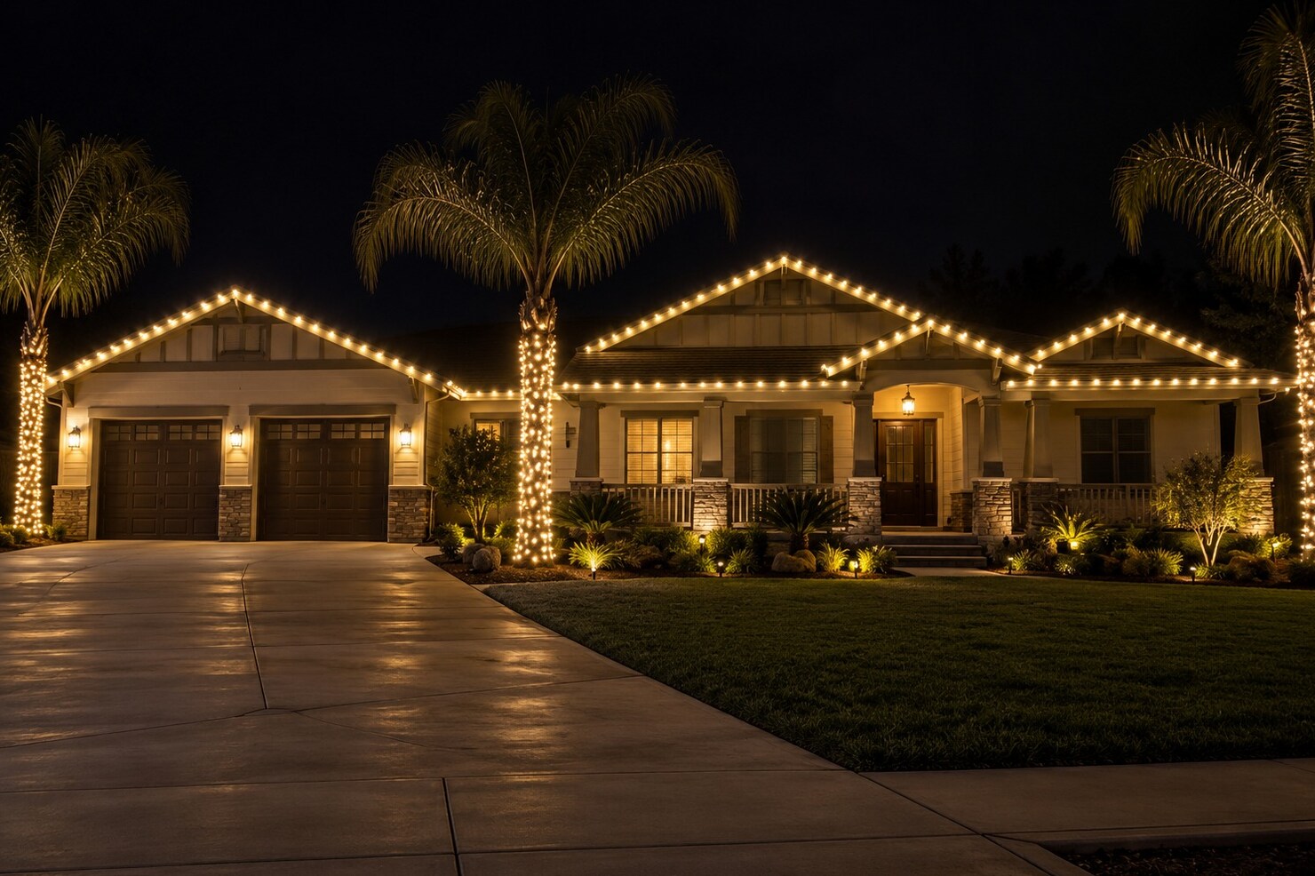 Christmas light company in Placerville, CA: ranch three gables porch palm wraps warm white