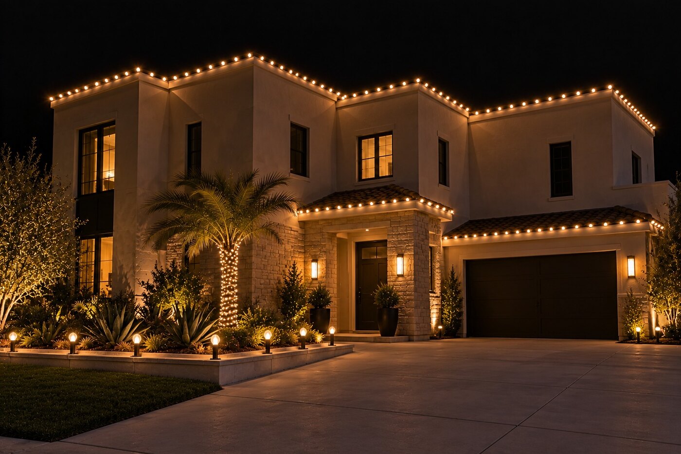Christmas light company in Shingle Springs, CA: modern two story warm white roofline driveway stakes
