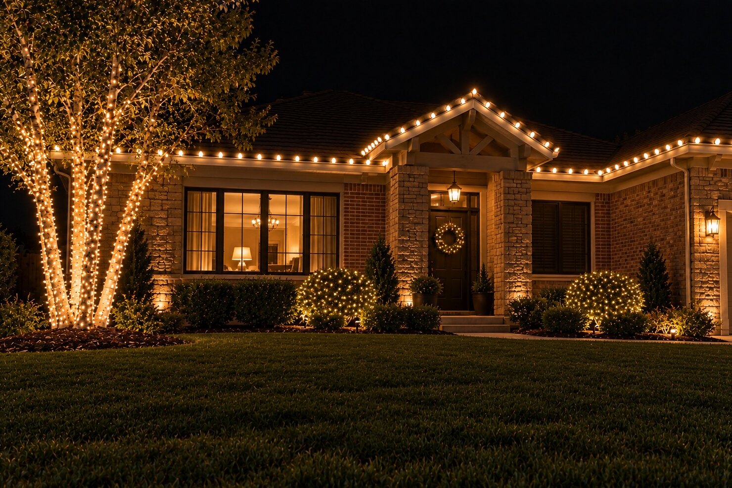 Christmas light hanging in Cameron Park, CA: ranch home warm white roofline wrapped palms