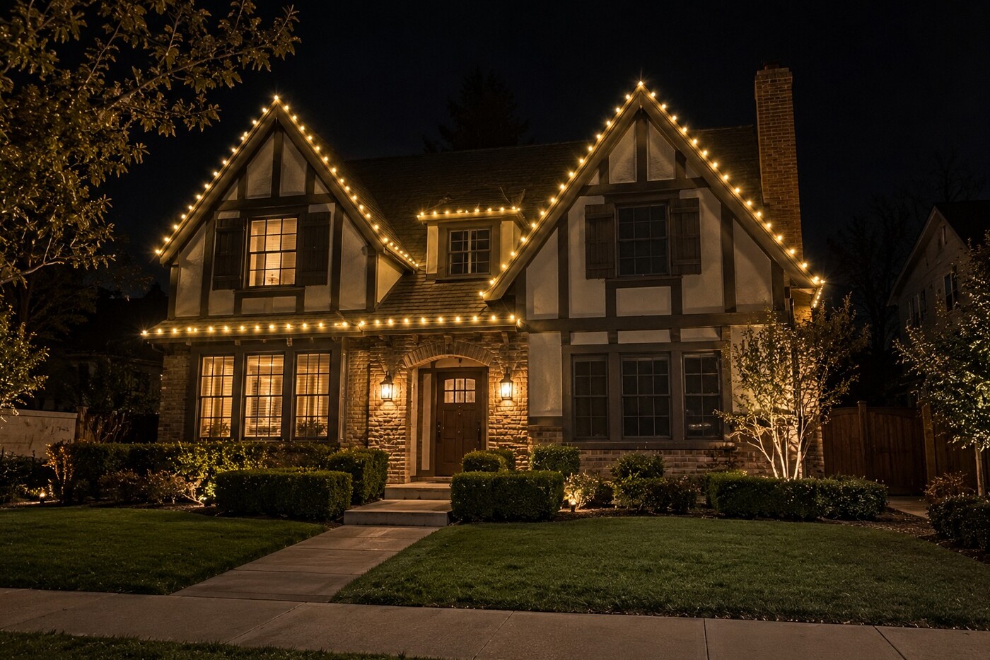 Christmas light installation in Cameron Park, CA: two story home warm white roofline wrapped oak reindeer