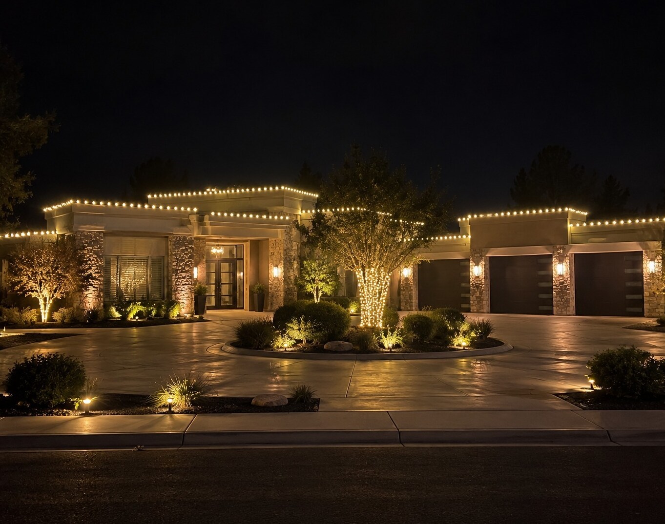 Christmas light installation in Folsom, CA: modern estate stepped parapets warm white roofline