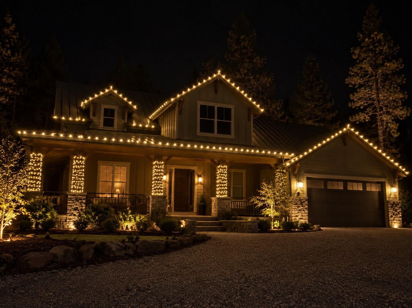 Christmas light service in Cameron Park, CA: foothill craftsman metal roof porch warm white