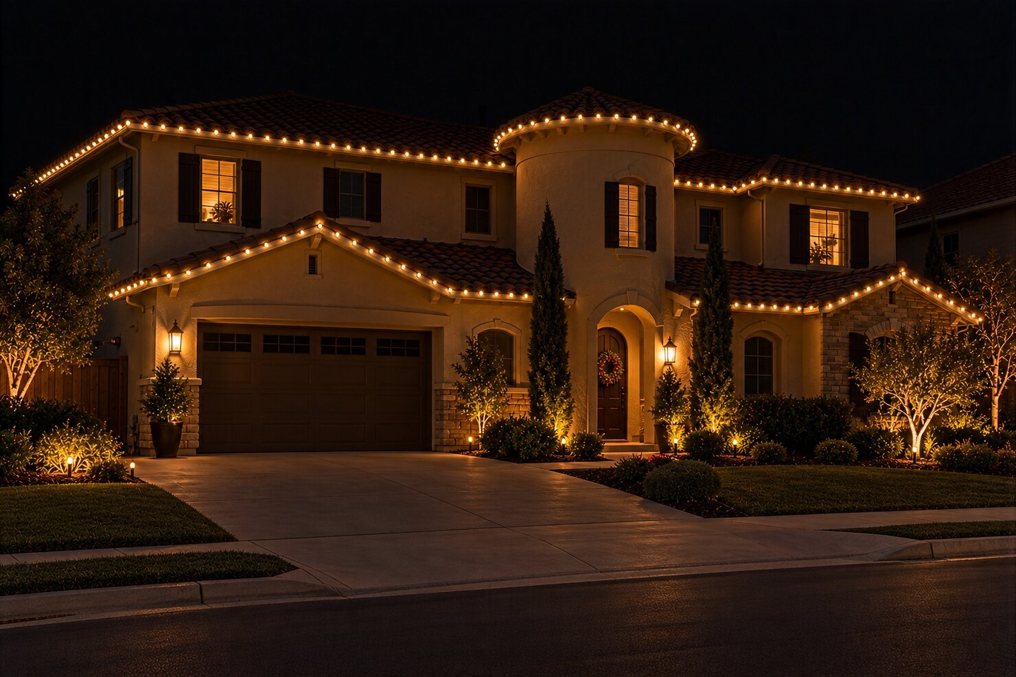 Christmas lights in Cameron Park, CA: two story home warm white roofline driveway stakes sunset