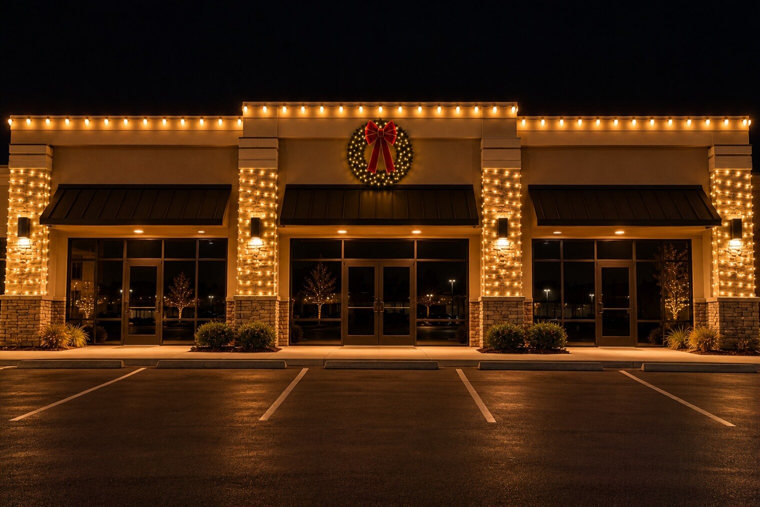 Christmas wreath hanging in Cameron Park, CA: commercial storefronts parapet lights column wraps wreath warm white