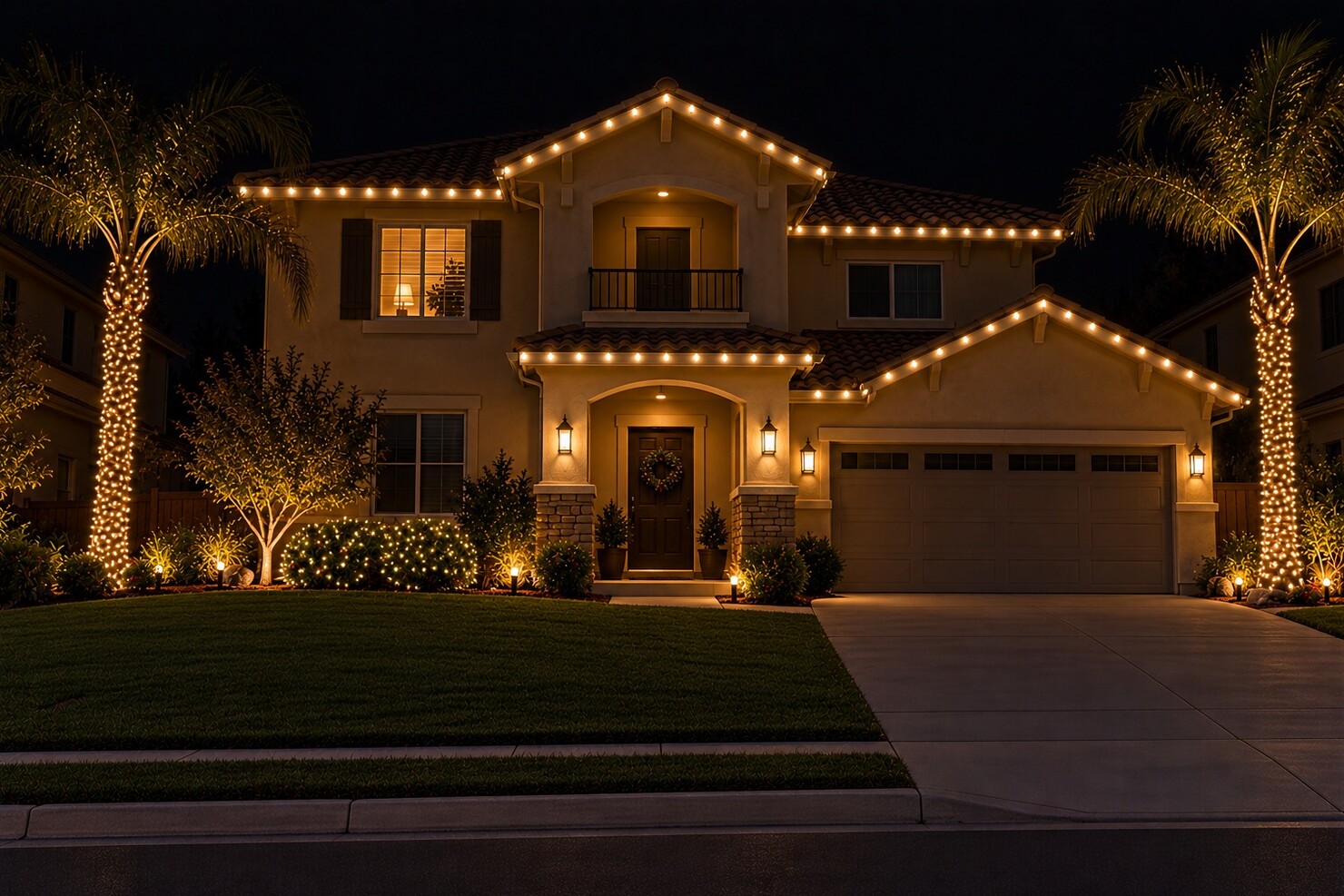 Holiday lighting in Cameron Park, CA: single story tile roof warm white roofline lit pine