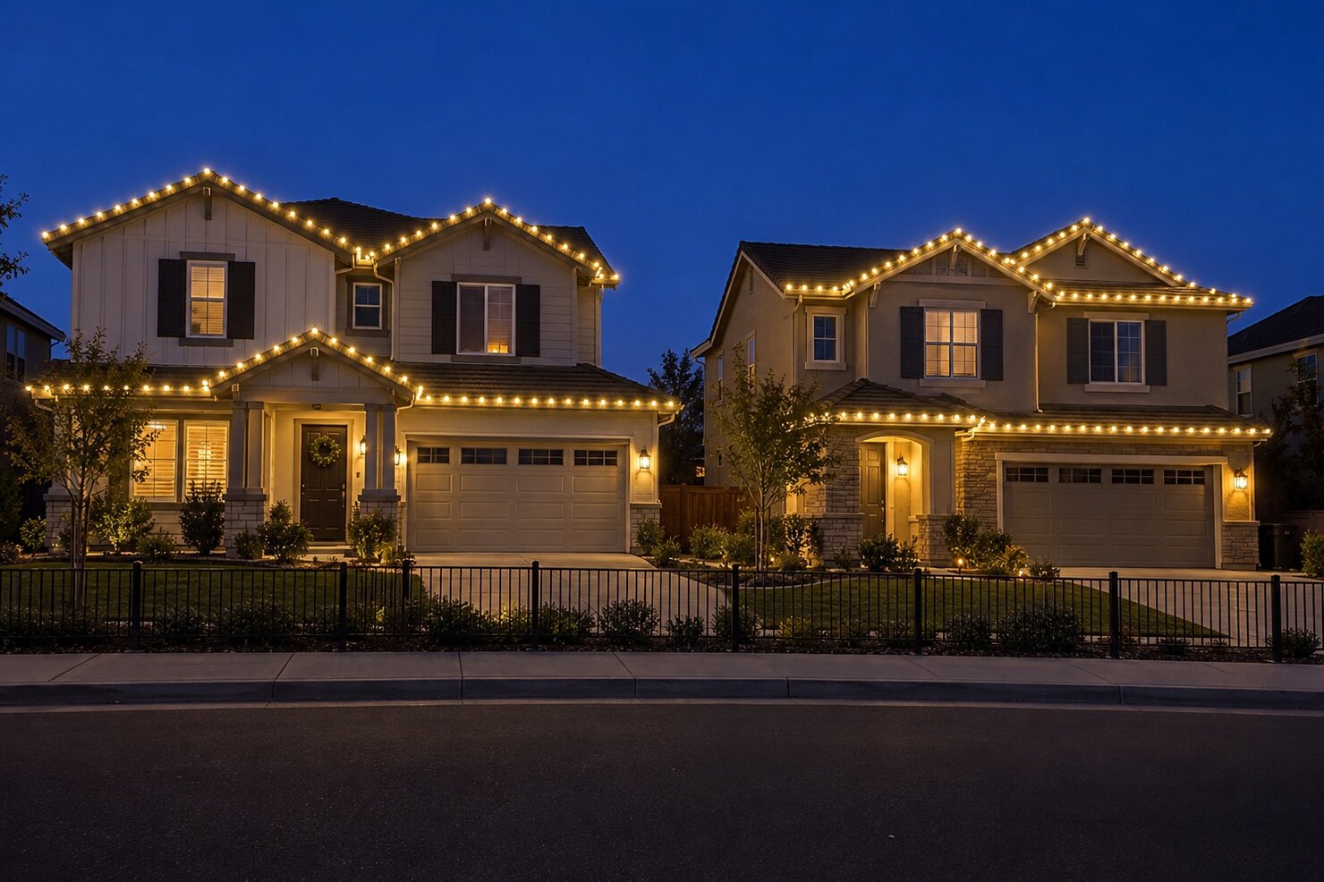 Residential christmas lights in Folsom, CA: country home three dormers warm white straight on