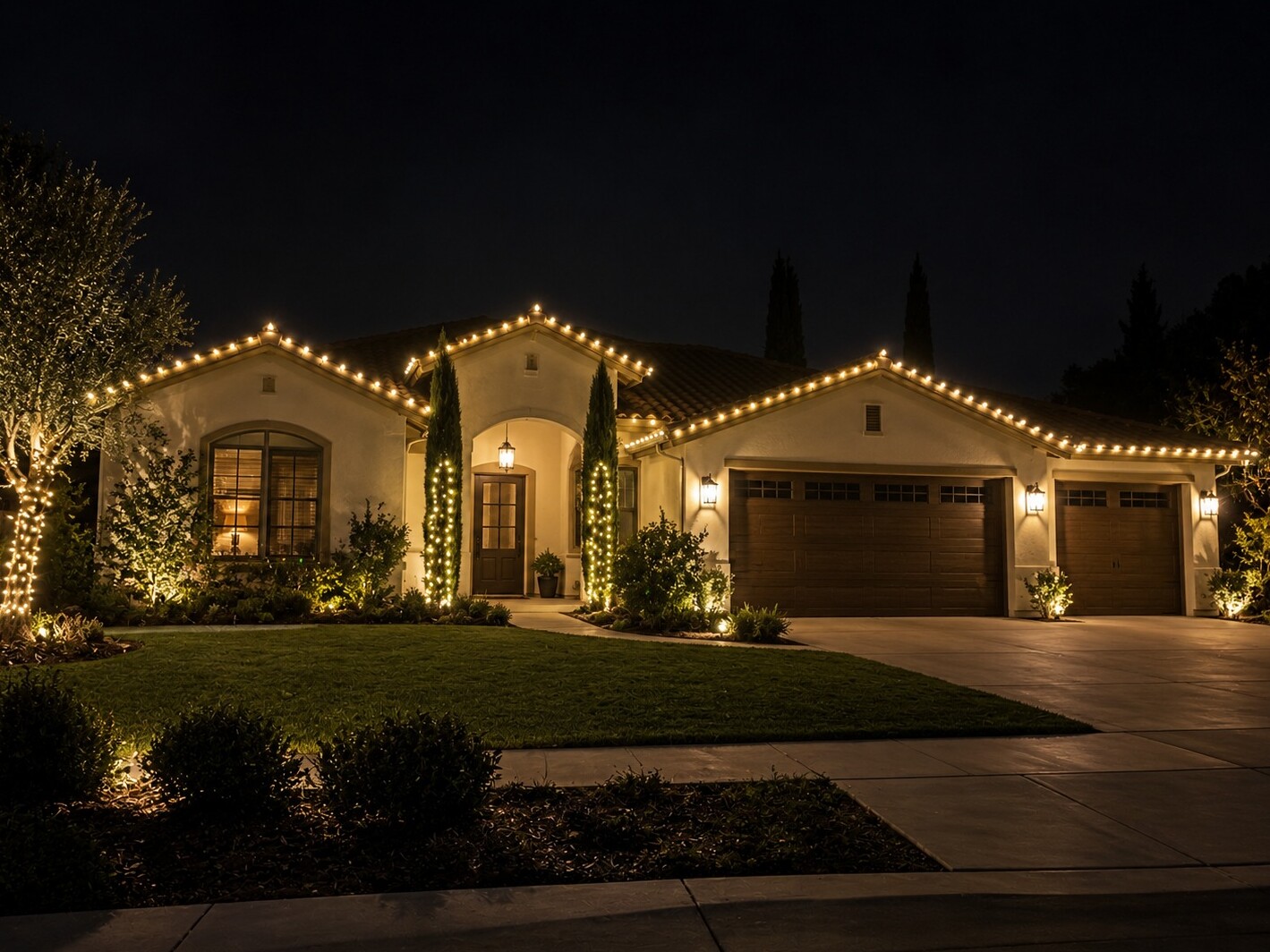 Residential christmas lights in Shingle Springs, CA: spanish ranch tile roof arched entry warm white roofline